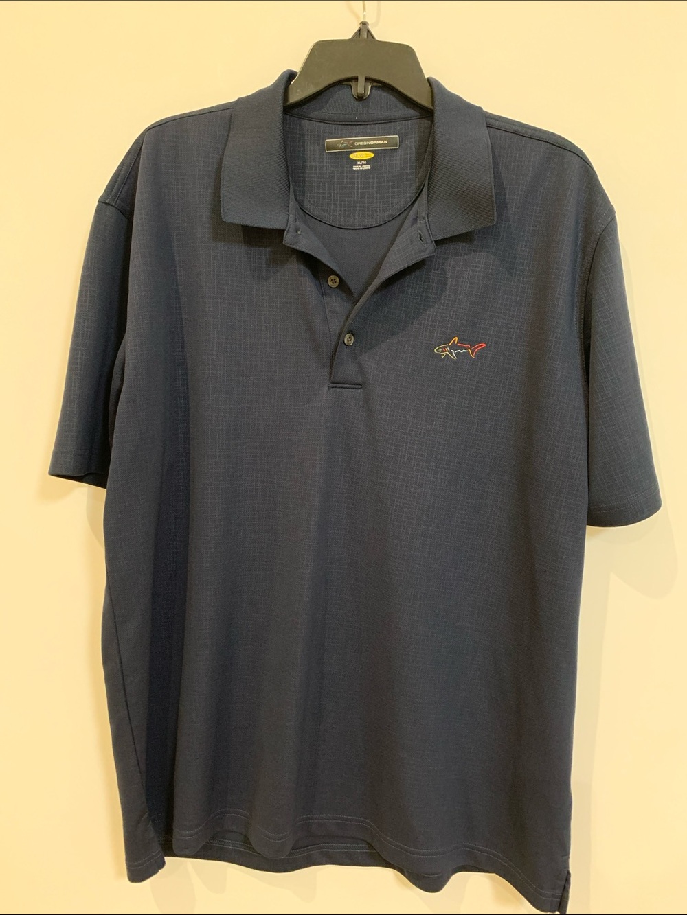 Greg Norman Collection Navy Short-Sleeve Polo with Multicolor Shark Logo
